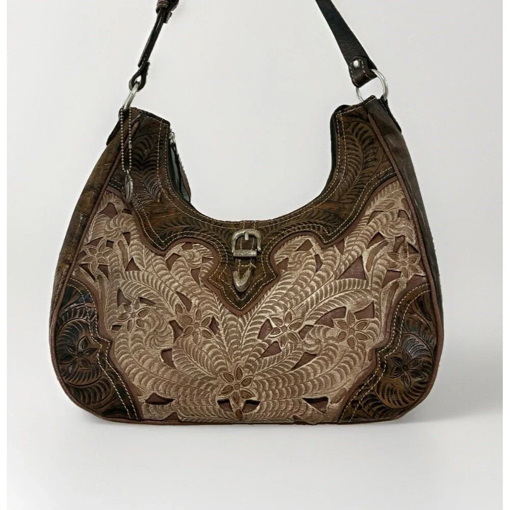 American West Tooled Two Tone Brown Leather Shoulder Bag Purse Concealed Carry